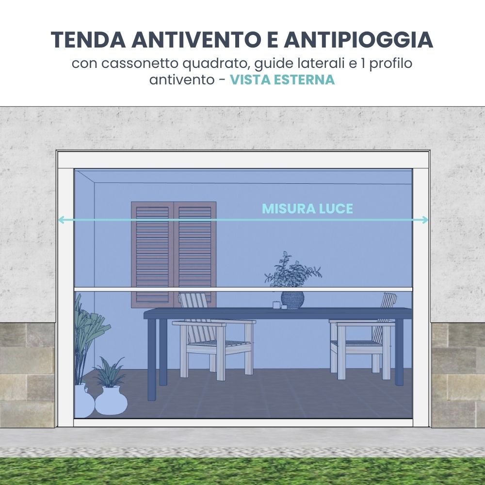 tenda antivento e antipioggia con cassonetto quadrato guide laterali e una stecca - vista esterna