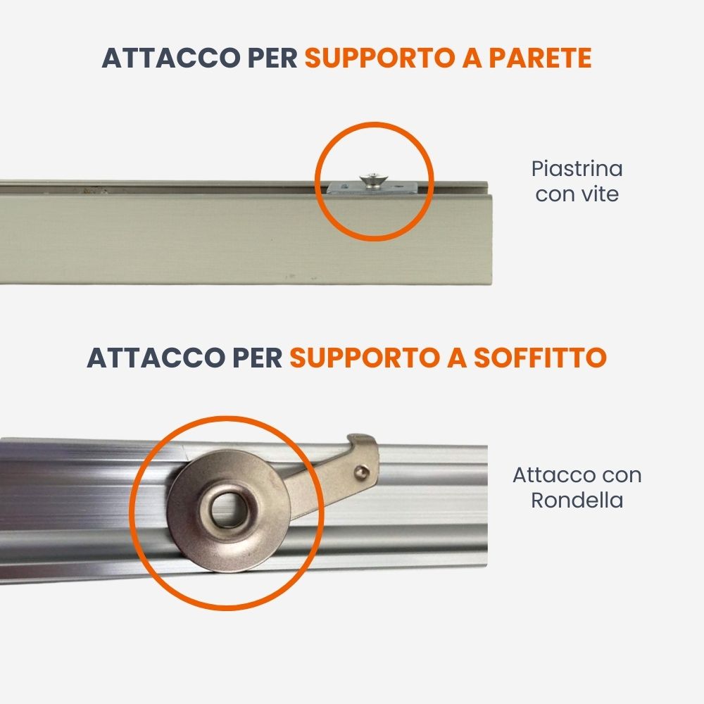 attacco per supporto a parete e per supporto a soffitto del binario modello cubo