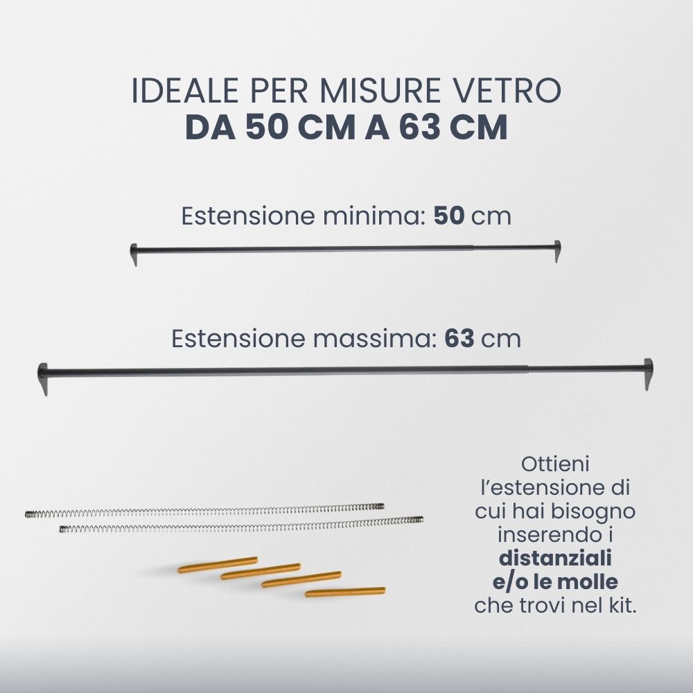 bacchette per tende a vetro estensibili - comprese di distanziali e molle - misura 50-63cm
