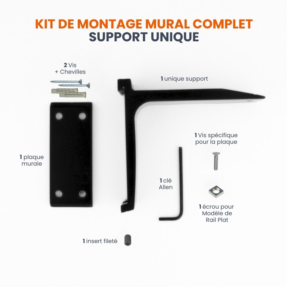 KIT DE MONTAGE MURAL COMPLET support unique - 1 piece - Modèle de Rail Plat